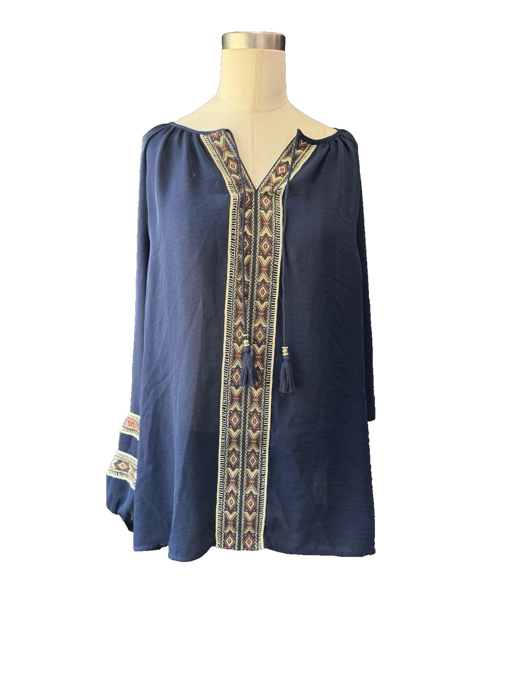 Chico's Blue Boho Embroidered Tassel Tie Peasant Blouse Long Sleeve Sz 1 M